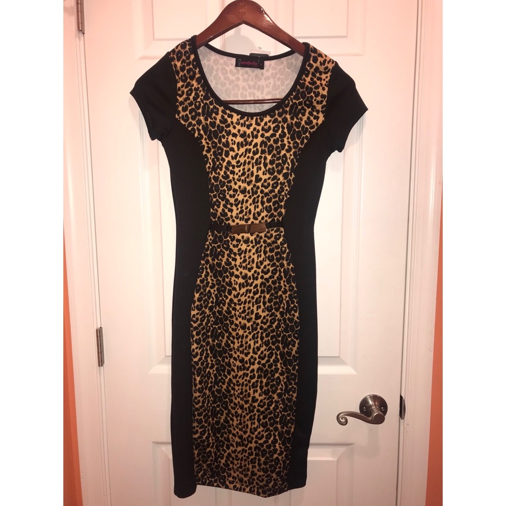 Black and Cheetah Print Midi Dress